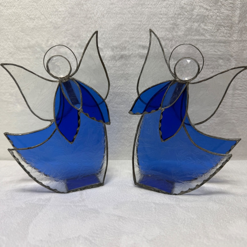 Vintage Stained Glass Angel Figurine Set Cobalt Blue Frosted Leaded Art Glass